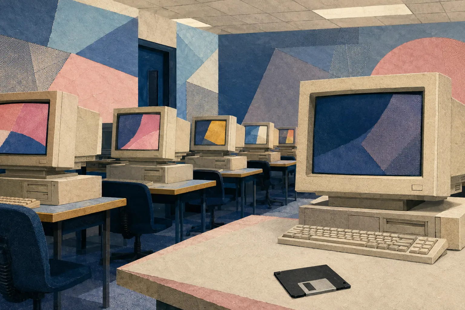 A fictional 1990s school computer lab with beige CRT machines