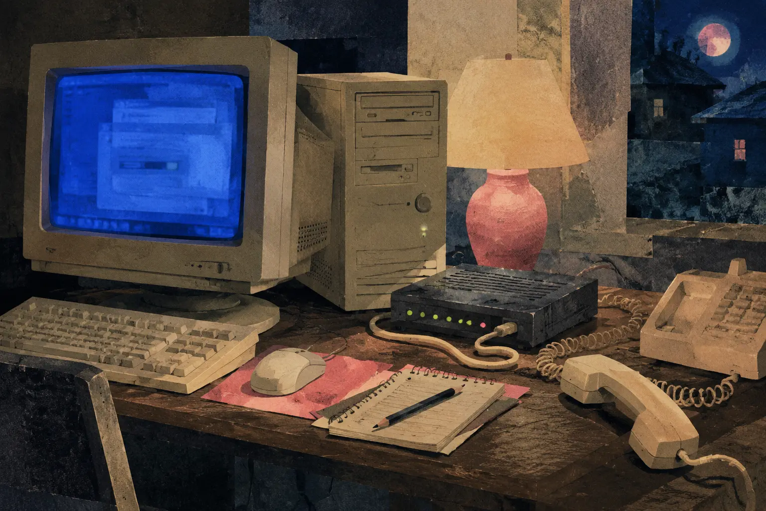 A late-1990s family computer nook with a CRT, modem and telephone